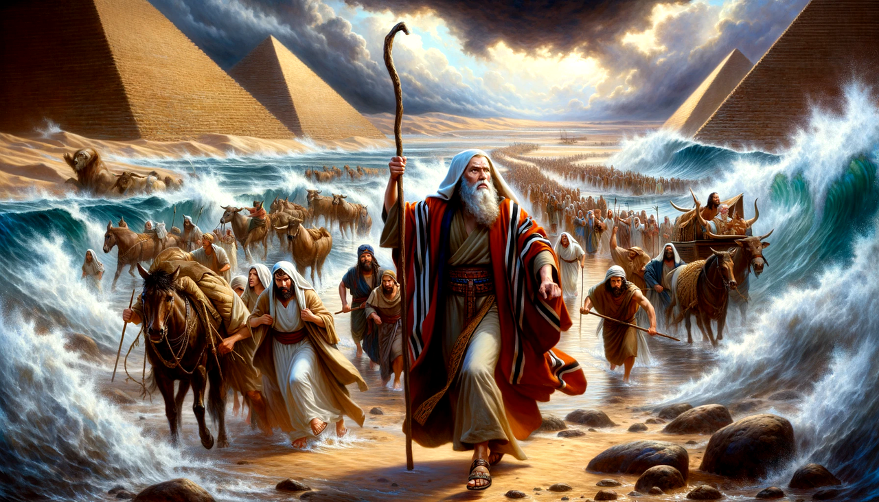 moses leads out, exodus from egypt, pharaoh's pursuit, red sea crossing, escape to freedom, moses' great escape, people liber