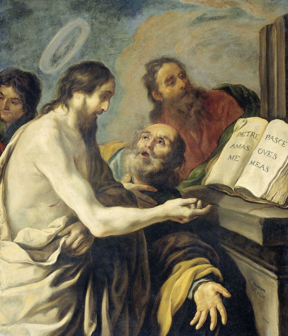 Cristo, de pé, entrega a Pedro, ajoelhado, o encargo de apascentar suas ovelhas