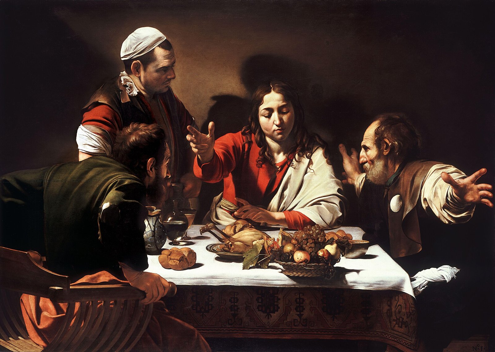 Cristo ressuscitado parte o pão à mesa em Emaús, enquanto os dois discípulos o reconhecem, surpresos