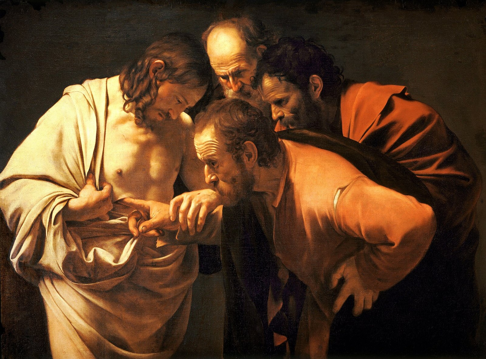 Jesus ressuscitado guia a mão de Tomé até a ferida em seu lado, diante de dois discípulos