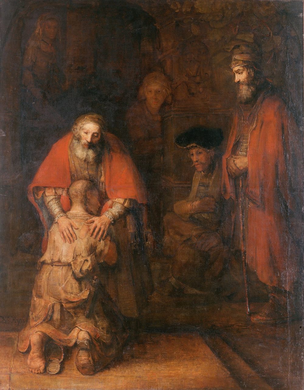 O pai de braços abertos recebe o filho ajoelhado, na pintura de Rembrandt sobre a parábola do filho pródigo