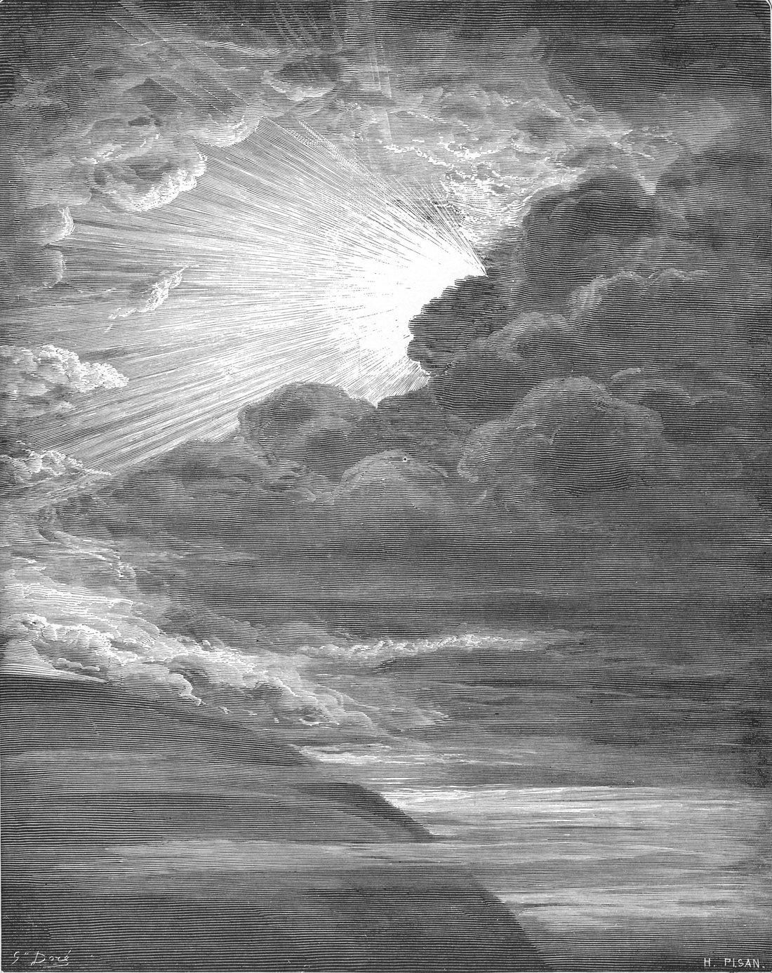 Gravura de Gustave Doré em que um facho de luz rasga as trevas e Deus, em meio às nuvens, ergue o braço no primeiro dia da criação