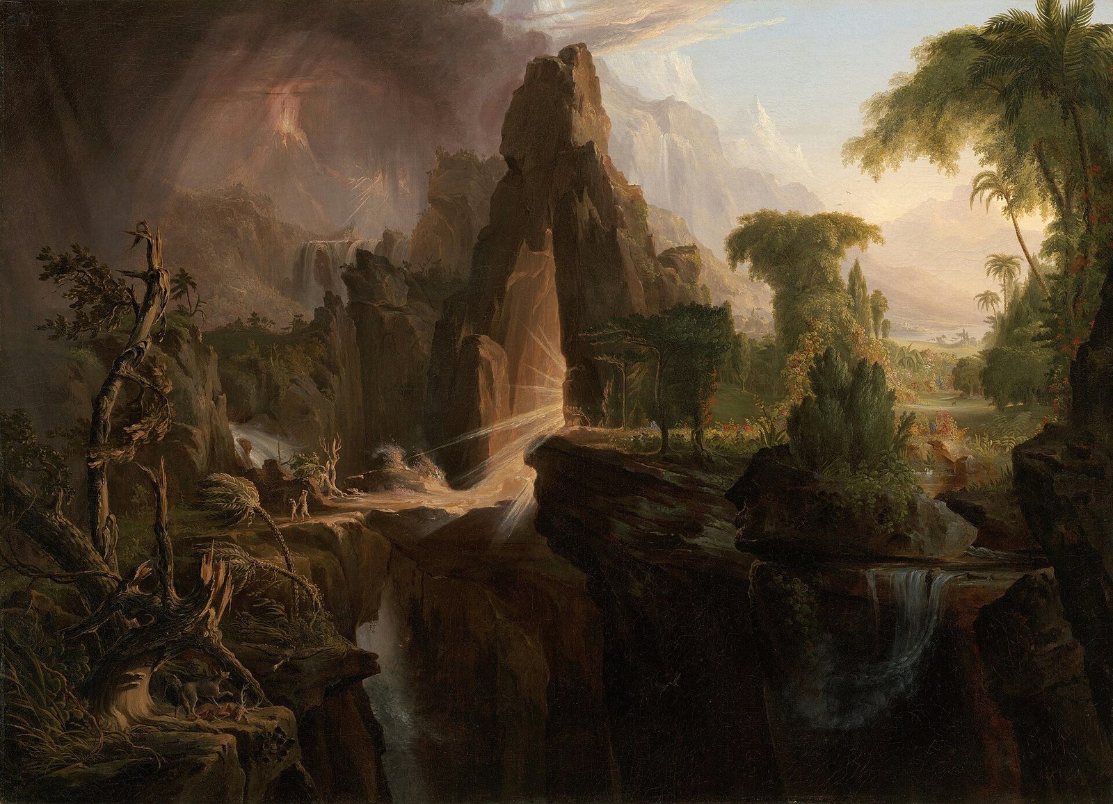 Pintura de Adão e Eva deixando o jardim do Éden, com o portal de luz atrás deles e uma paisagem selvagem à frente