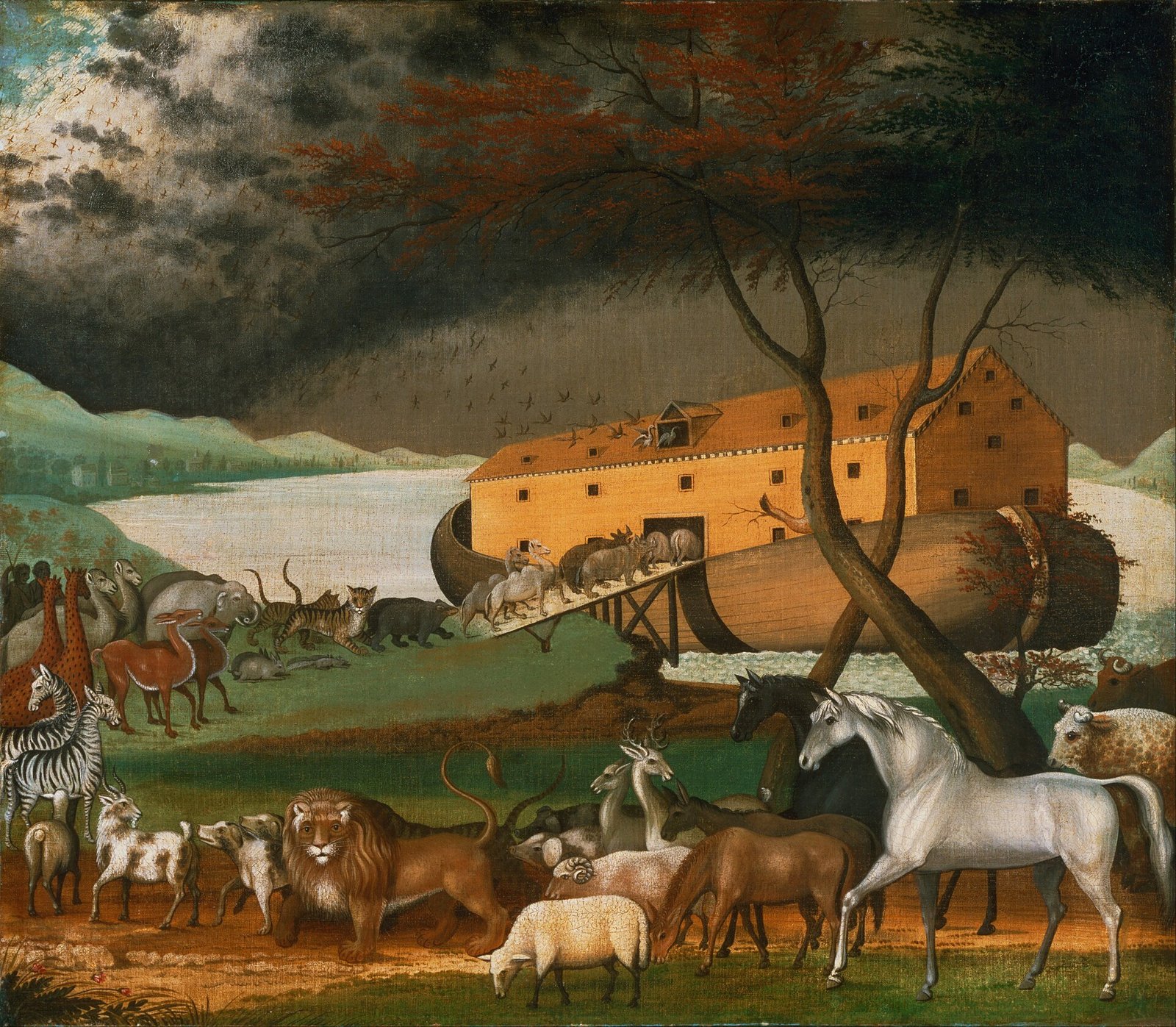 Pintura de Noé e sua família conduzindo pares de animais para a arca, sob um céu carregado