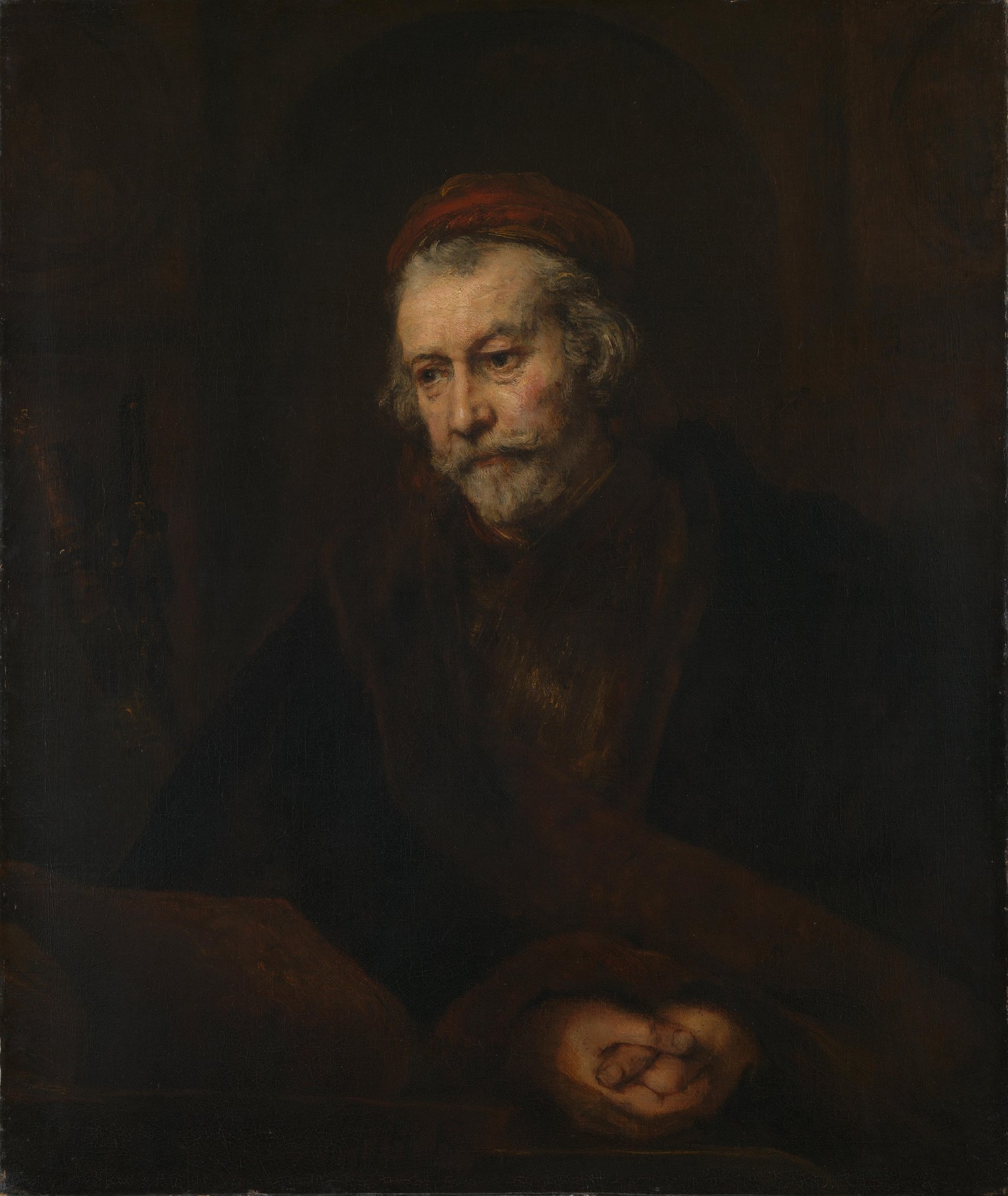 Pintura de Rembrandt do apóstolo Paulo, idoso e de barba, em atitude de reflexão