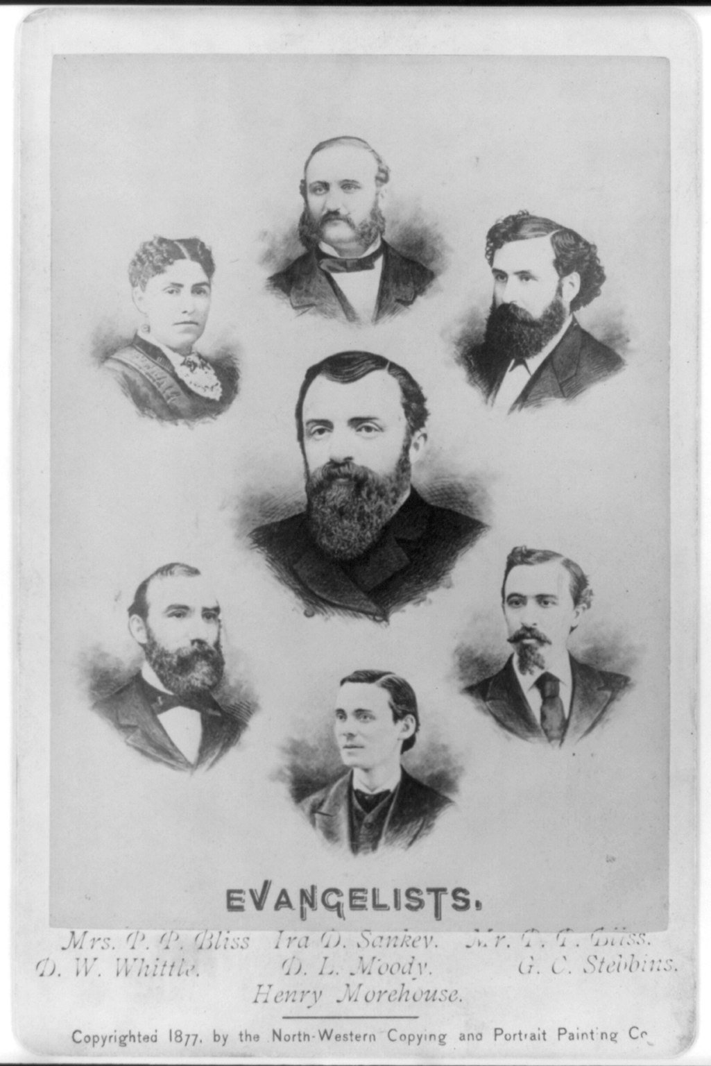 Gravura de 1877 com sete bustos de evangelistas: D. L. Moody ao centro, cercado por Sankey, os Bliss, Whittle, Stebbins e Henry Moorhouse
