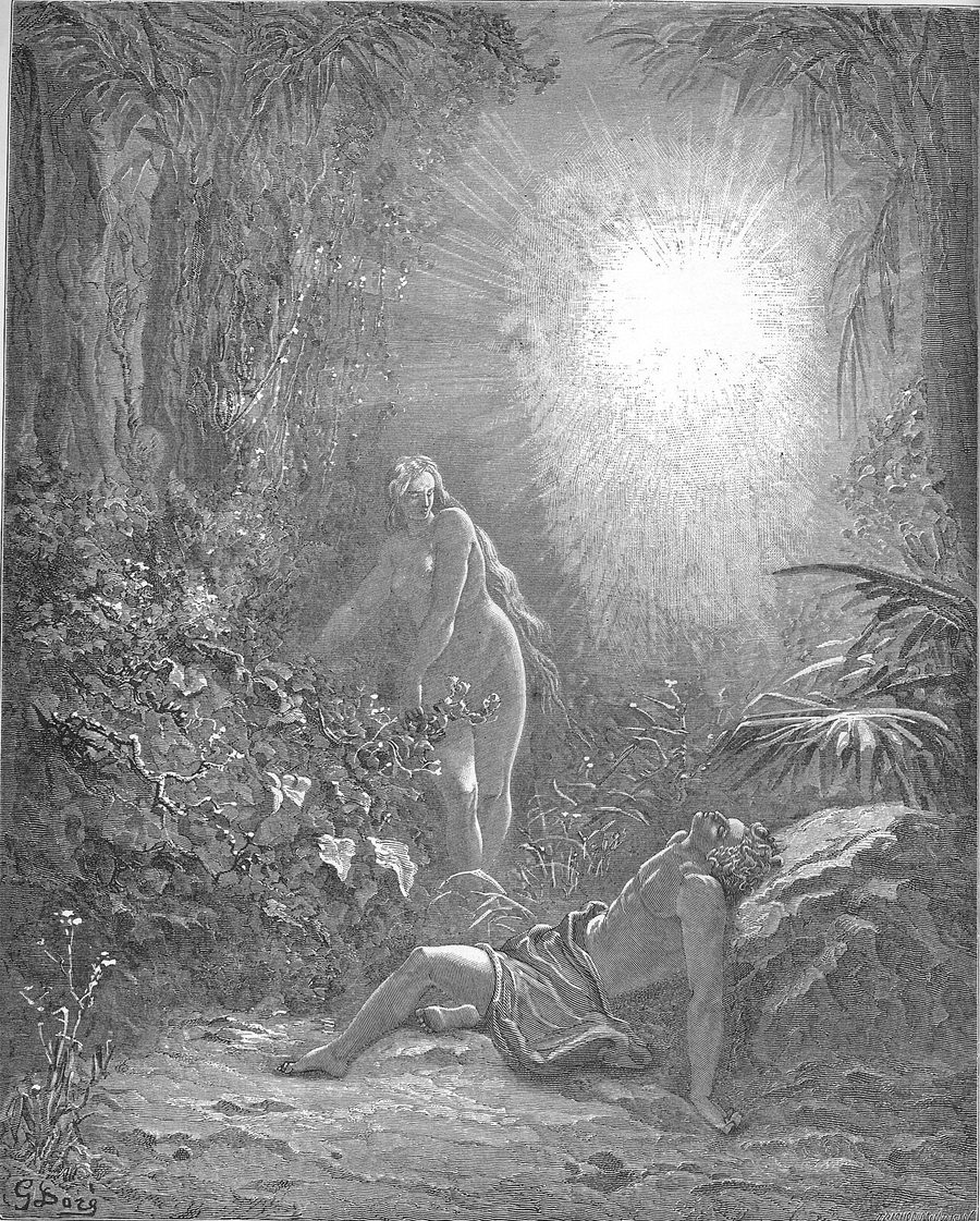 Gravura de Gustave Doré em que Deus forma Eva enquanto Adão dorme no jardim