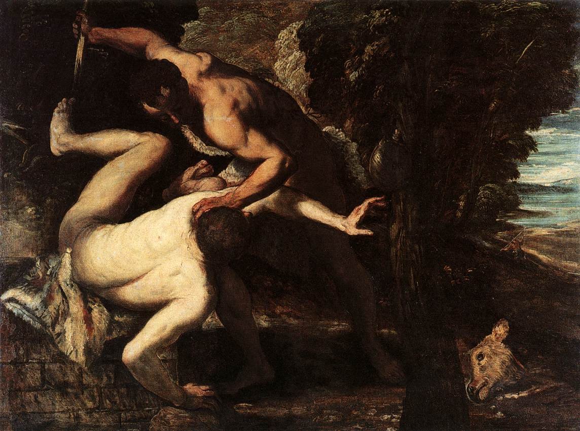 Pintura de Tintoretto que mostra Caim, em primeiro plano, prestes a golpear o irmão Abel, caído no chão