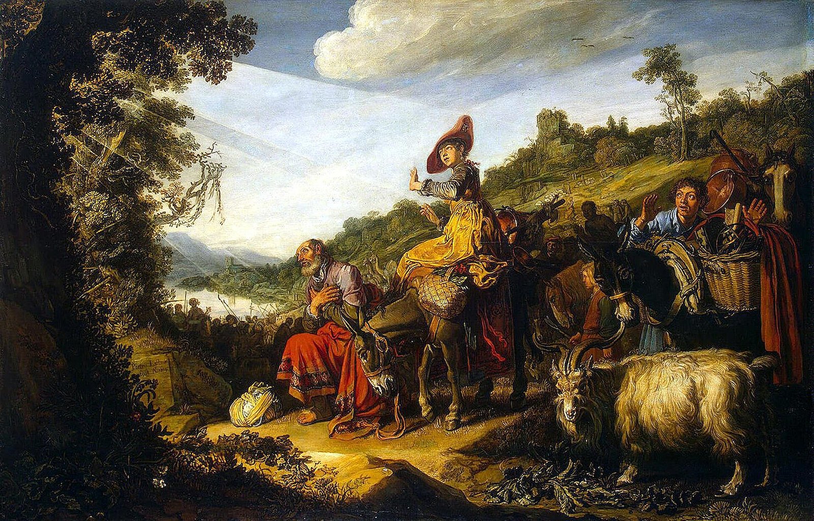 Pintura de Abraão e sua família com rebanhos a caminho de Canaã, em paisagem aberta