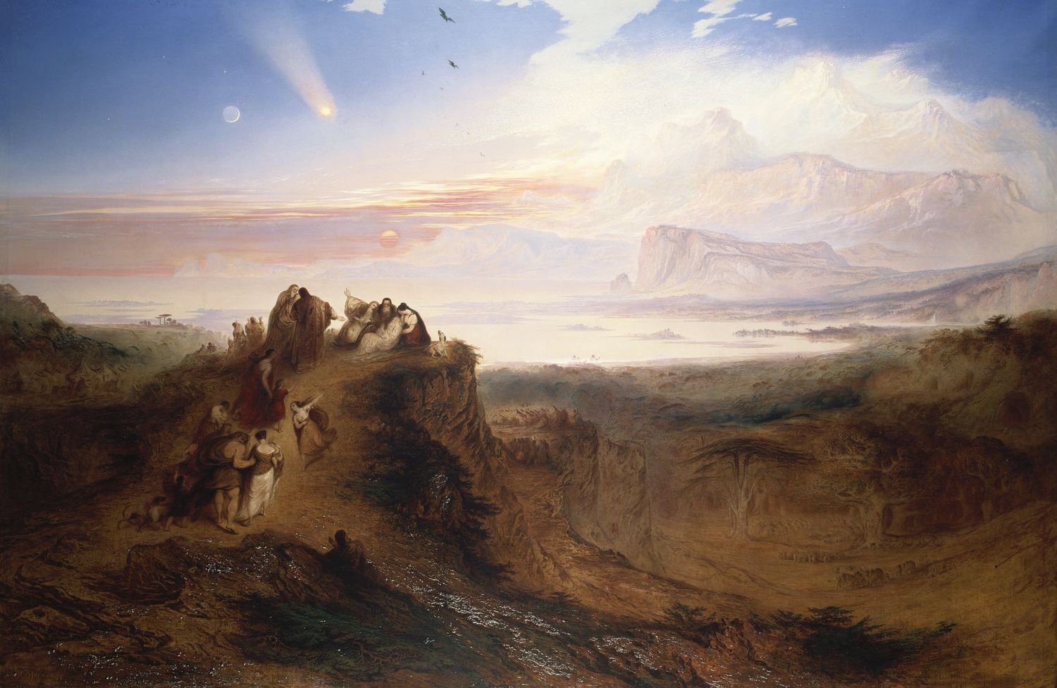 Pintura romântica de uma grande paisagem em tempestade, com pessoas à beira de um vale, anunciando o dilúvio