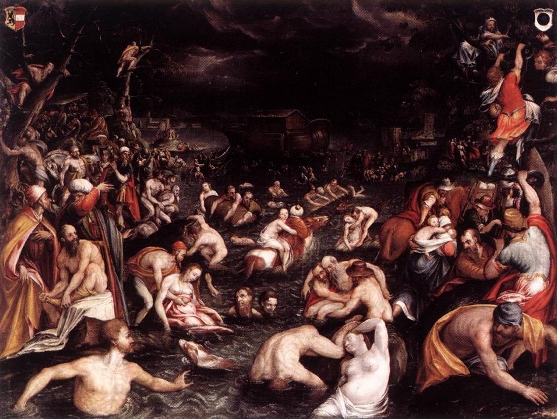 Pintura do Dilúvio: a arca flutua sobre as águas enquanto pessoas se agarram às rochas