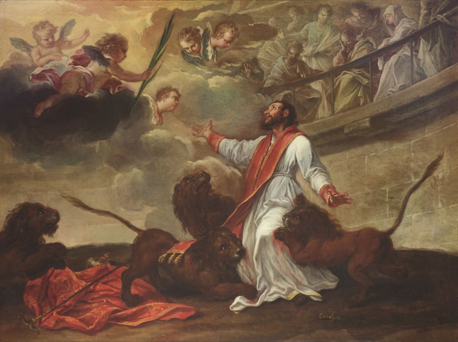 Desenho do martírio de Inácio de Antioquia, com leões e espectadores na arena romana