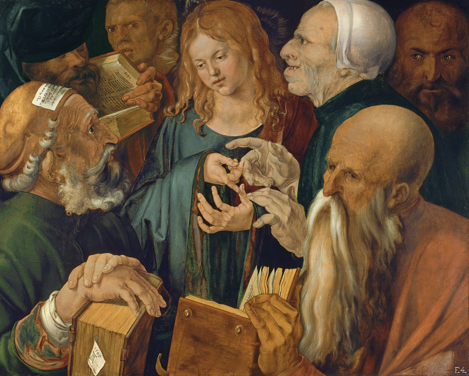 O menino Jesus no templo, cercado pelos mestres da Lei, que o ouvem e folheiam seus livros, em pintura de Dürer
