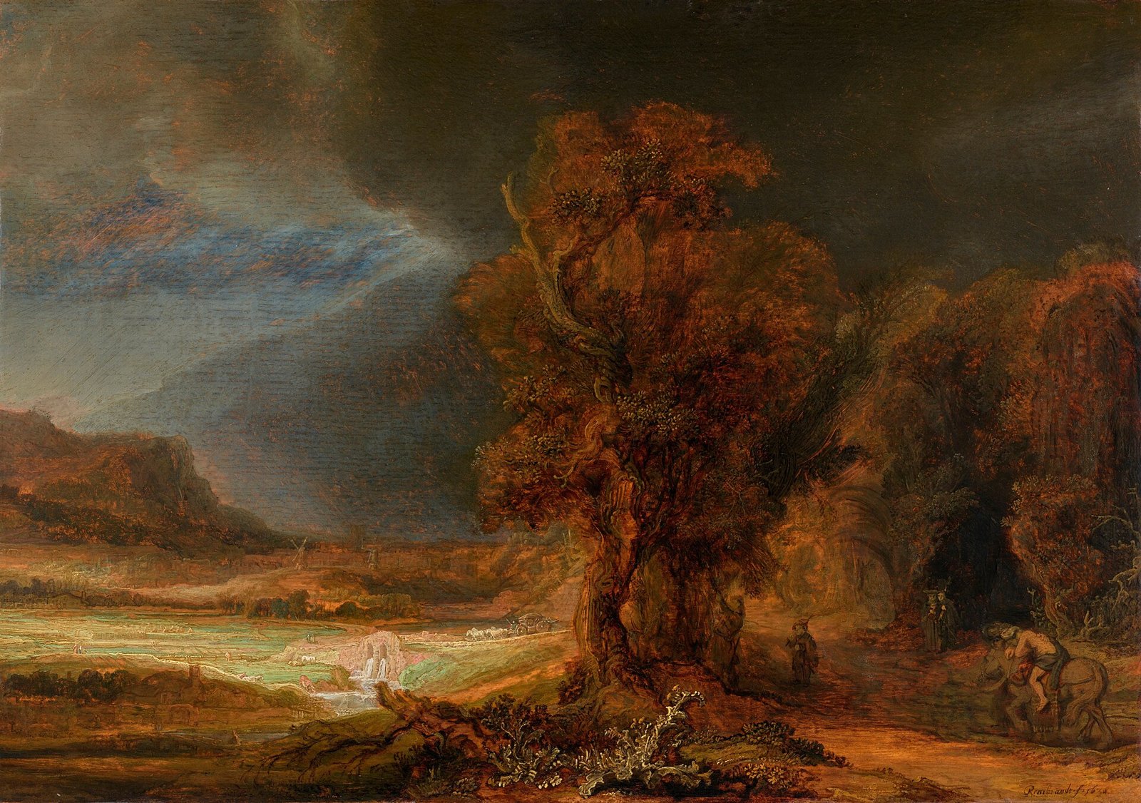 Pintura de Rembrandt: paisagem com o bom samaritano, que cuida do ferido diante de uma estalagem