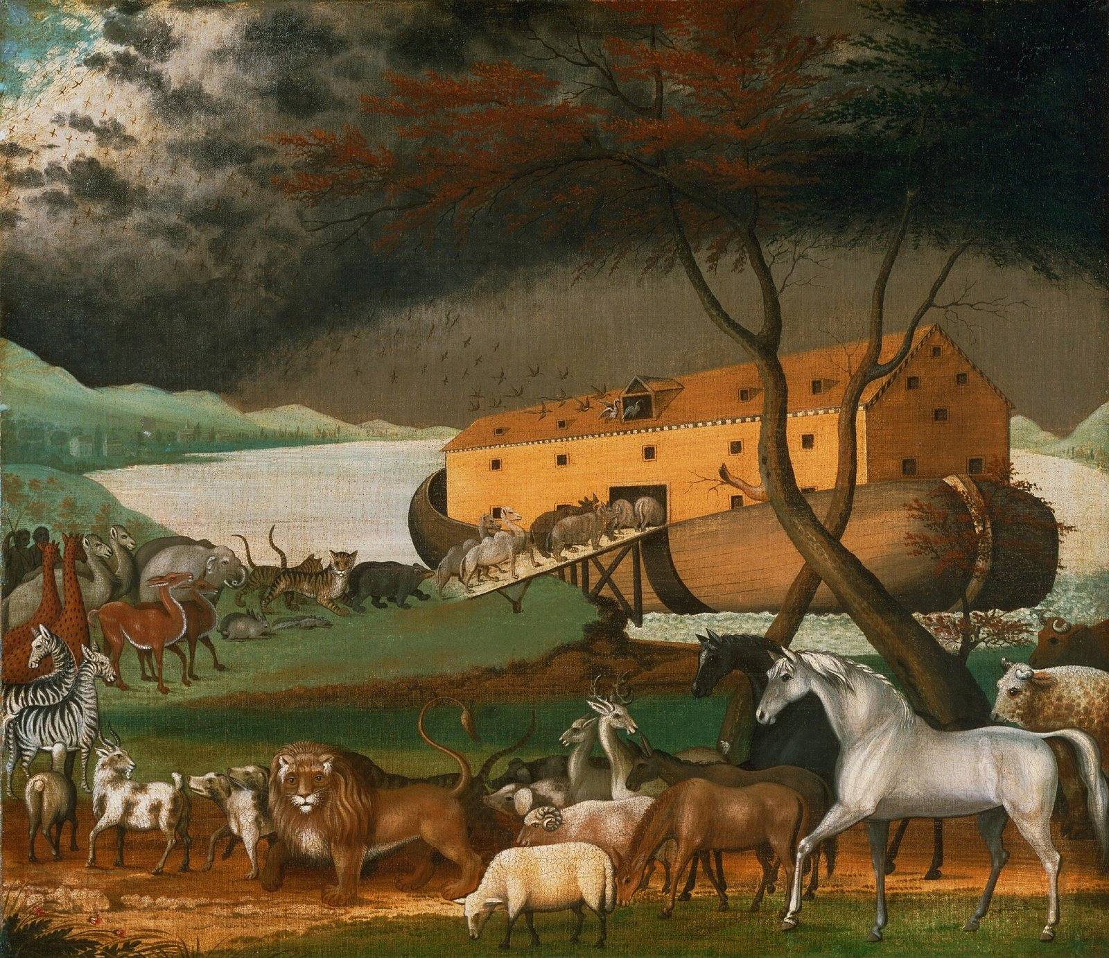 Pintura de Noé e os animais entrando na arca sob nuvens de tempestade