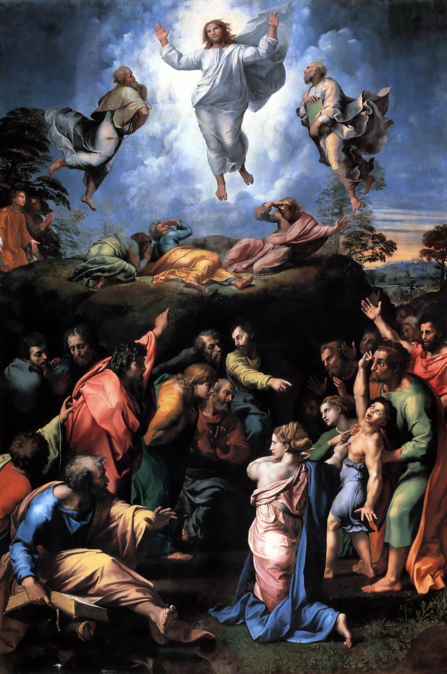 Pintura de Rafael: Jesus transfigurado, em luz, acima do monte, com Moisés e Elias, enquanto os apóstolos se prostram e, abaixo, a multidão cerca o menino endemoninhado