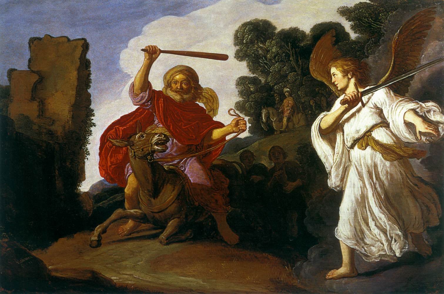 Pintura de Balaão montado em sua jumenta, que se detém diante do anjo do Senhor com a espada na mão
