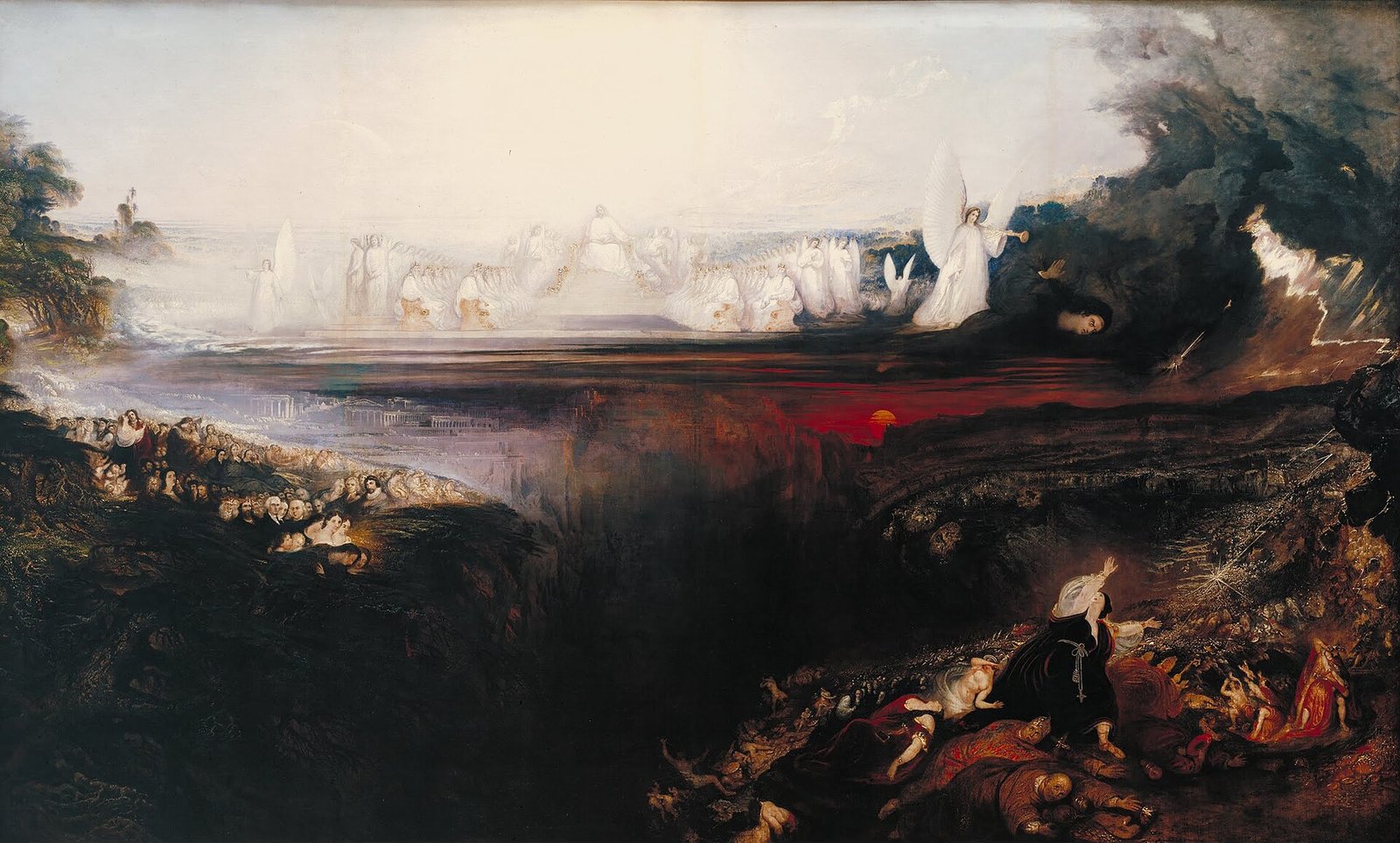 Pintura de John Martin do Juízo Final, com céus em chamas, montanhas desabando e multidões diante do trono