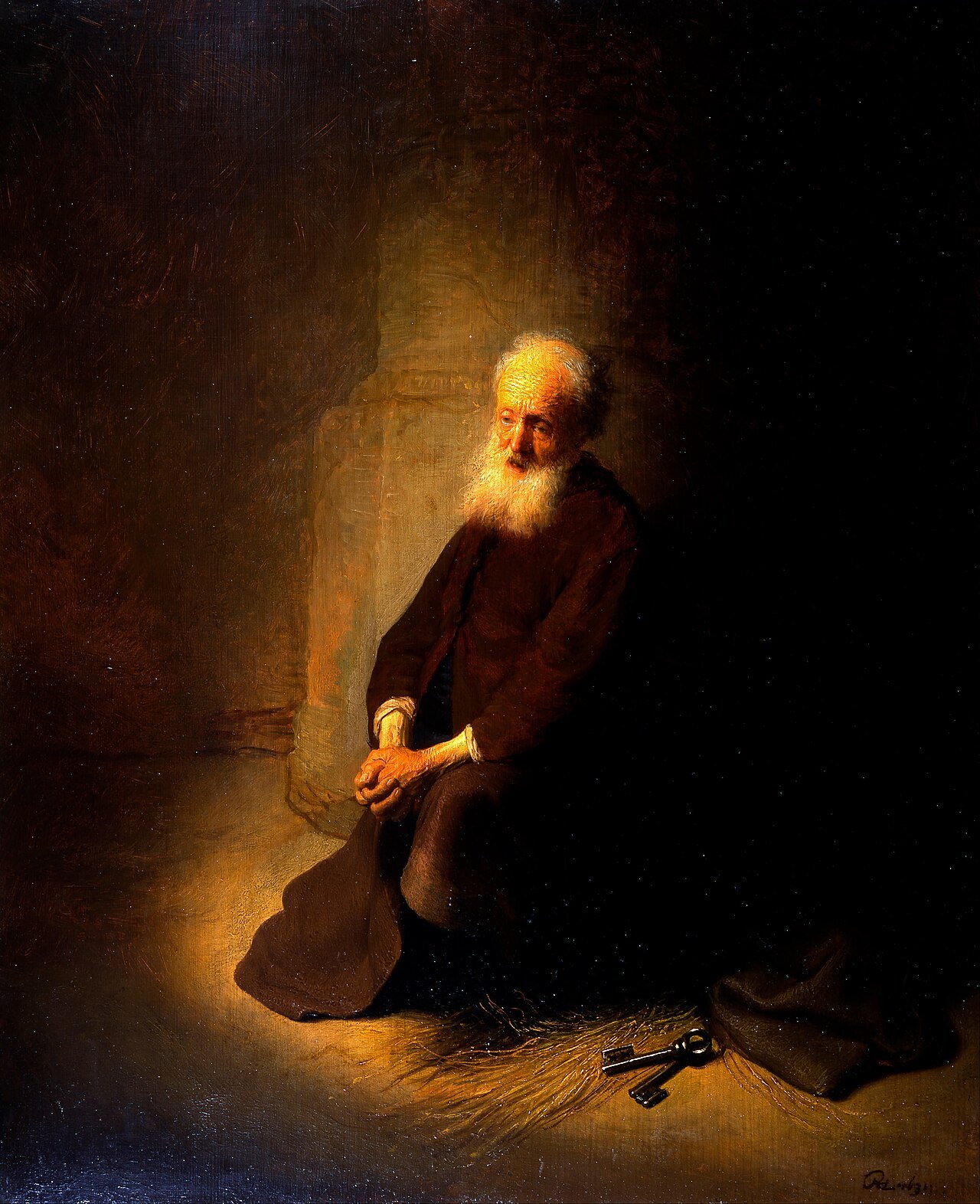 Pintura de Rembrandt que mostra o apóstolo Pedro ajoelhado na prisão, com as chaves nas mãos e o rosto voltado para a luz