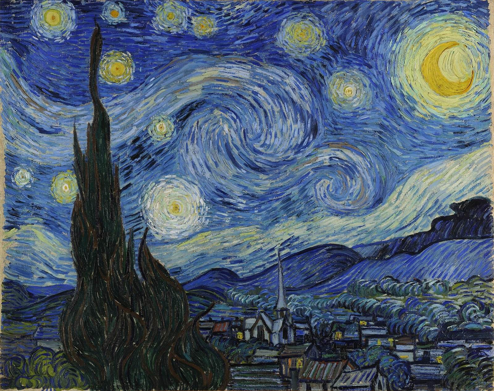 Pintura de um céu noturno redemoinhado, com estrelas e lua amarelas sobre uma vila e um cipreste