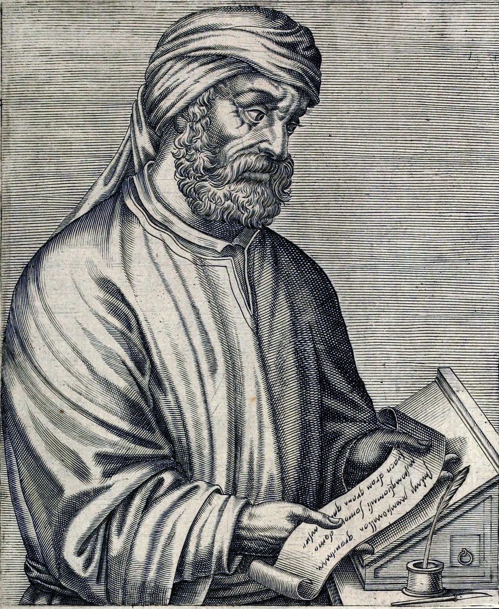 Gravura do século XVI com o retrato de Tertuliano, de barba e vestes de erudito