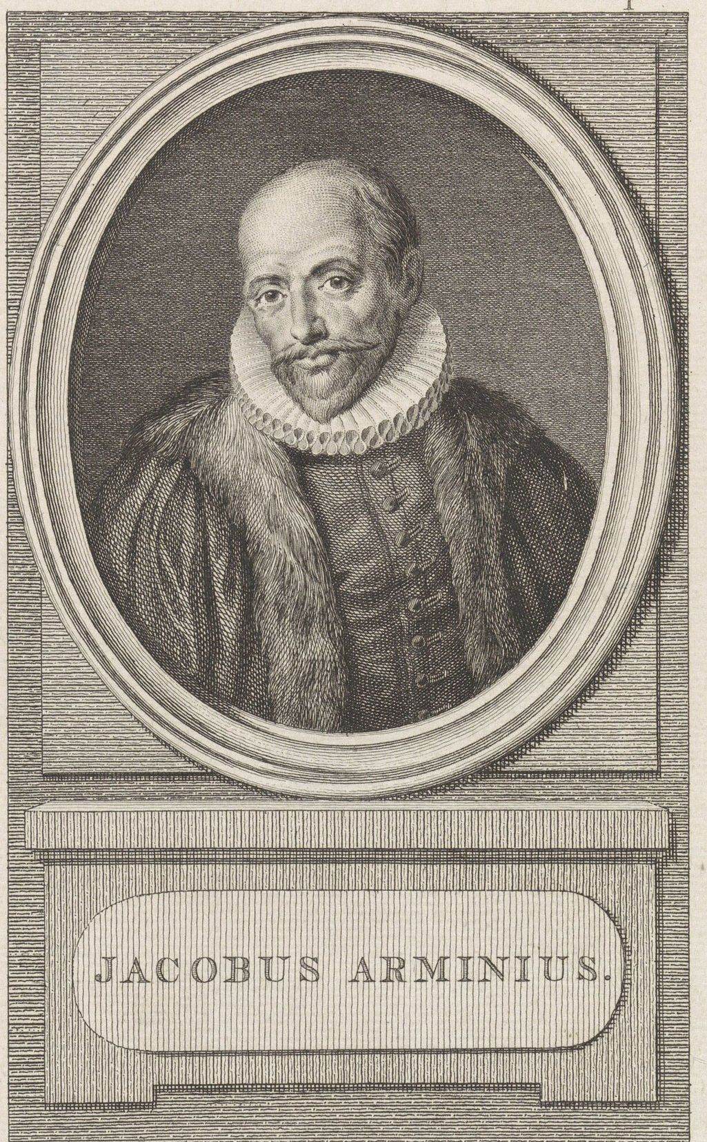 Gravura em moldura oval com o retrato de Jacobus Arminius, de barba, golilha branca e casaco de pele