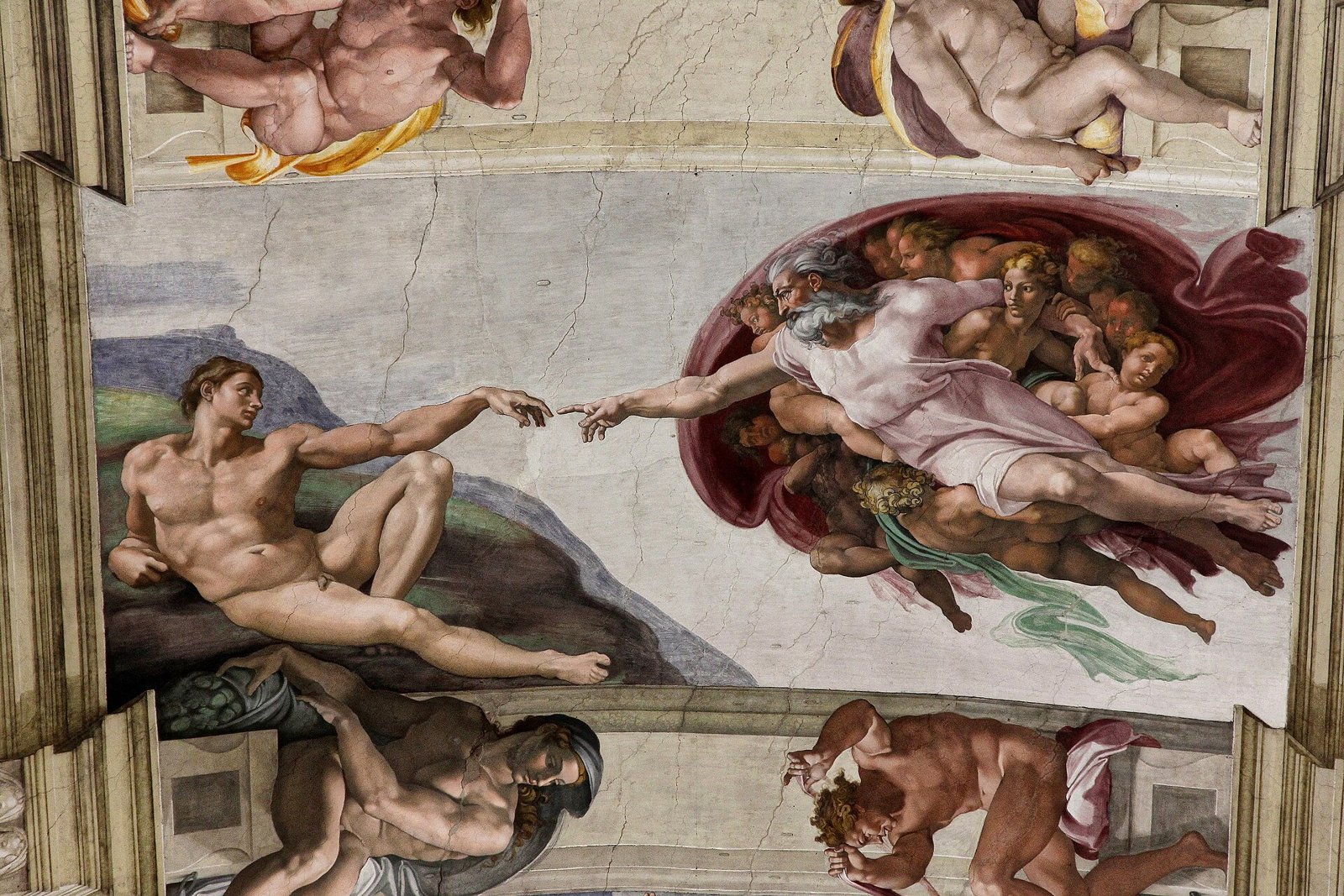 Afresco de Michelangelo em que Deus estende o dedo em direção a Adão, deitado, na Capela Sistina