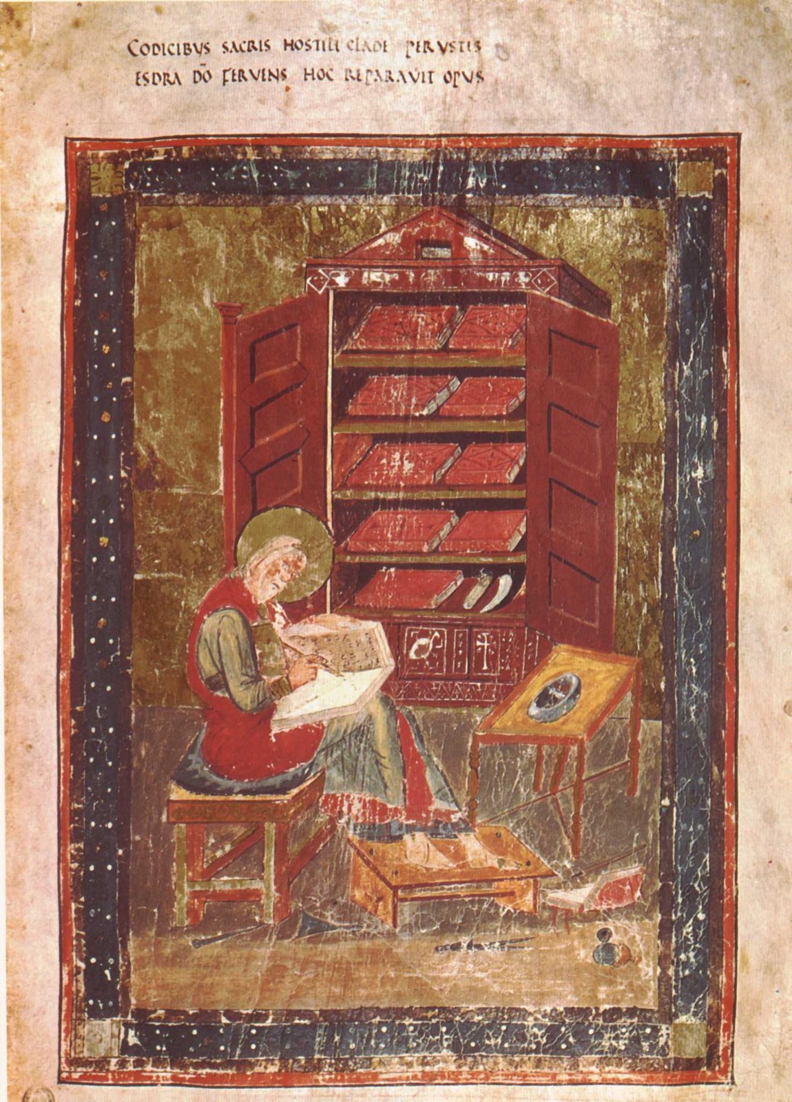 O escriba Esdras copiando a Lei diante de um armário de livros, miniatura do Codex Amiatinus