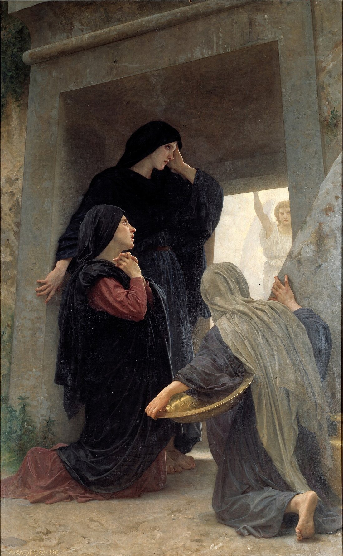Pintura das santas mulheres diante do túmulo vazio de Jesus, com a pedra removida