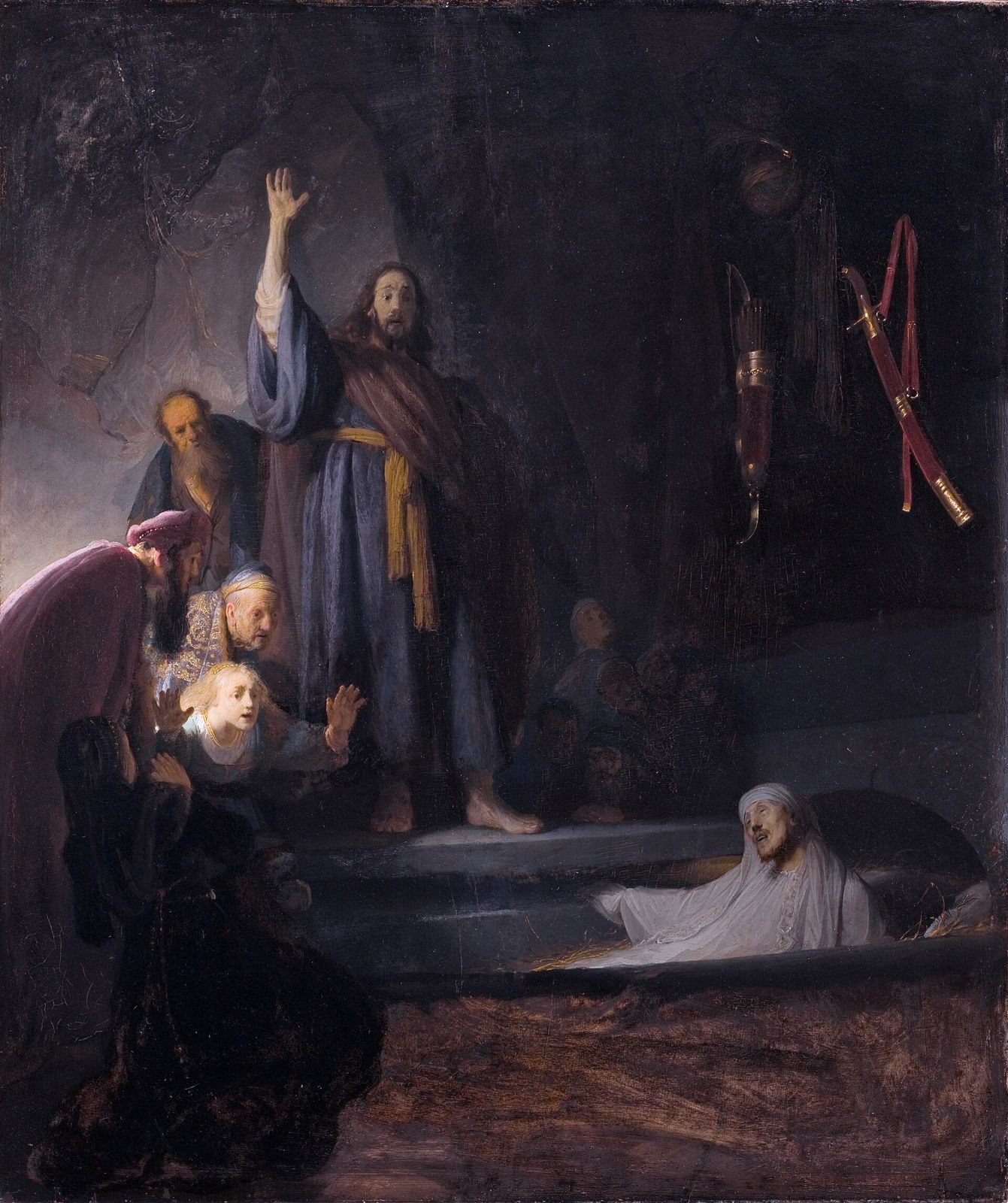 Pintura de Jesus de braço erguido diante do túmulo, chamando Lázaro de volta à vida, entre as irmãs e os espectadores