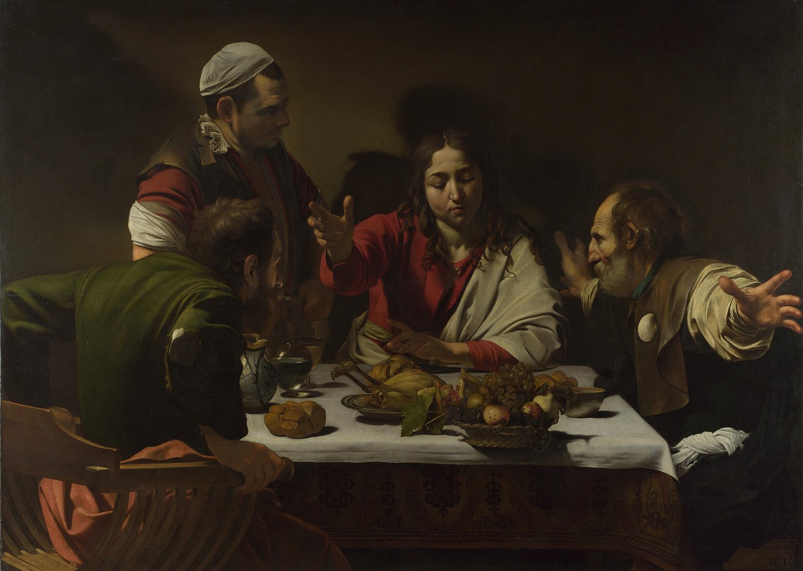 Pintura do Cristo ressuscitado partindo o pão diante dos dois discípulos em Emaús