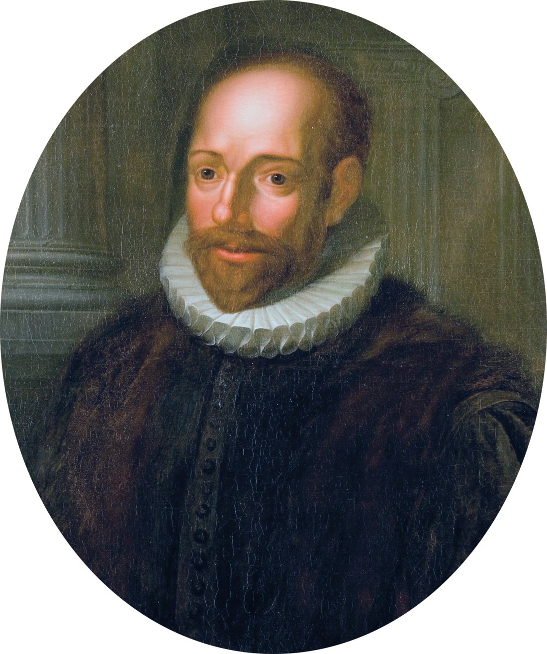 Retrato a óleo de Jacobus Armínio, de barba e vestes escuras de professor, sobre fundo escuro