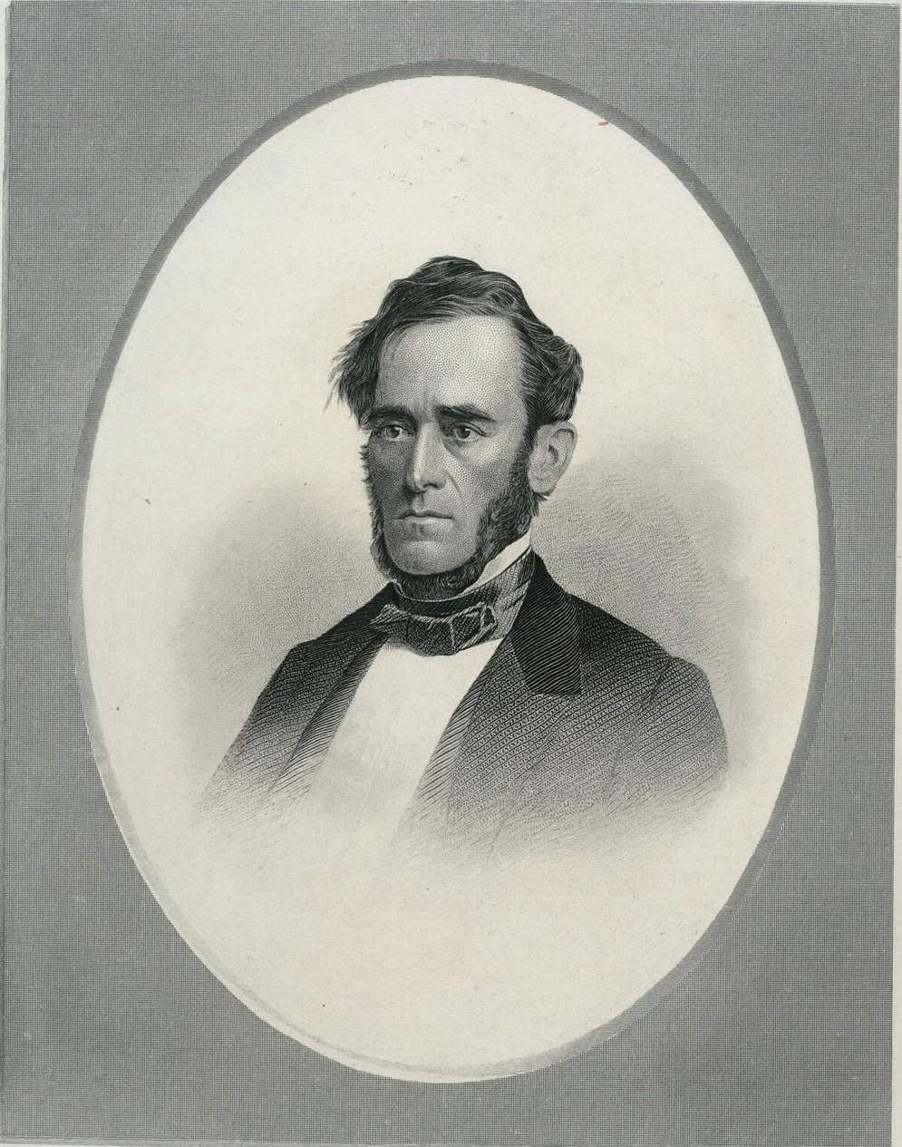 Gravura em retrato oval do reverendo Abel Stevens, de meia idade, de costeletas e terno escuro