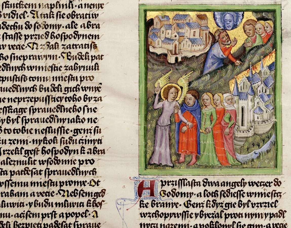 Iluminura medieval em que um anjo conduz Ló, a mulher e as filhas para fora de Sodoma, enquanto Abraão intercede diante do Senhor