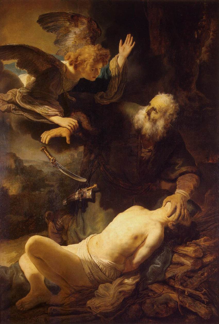 Abraão com a faca erguida, tendo o pulso seguro pelo anjo, enquanto Isaque jaz amarrado sobre o altar