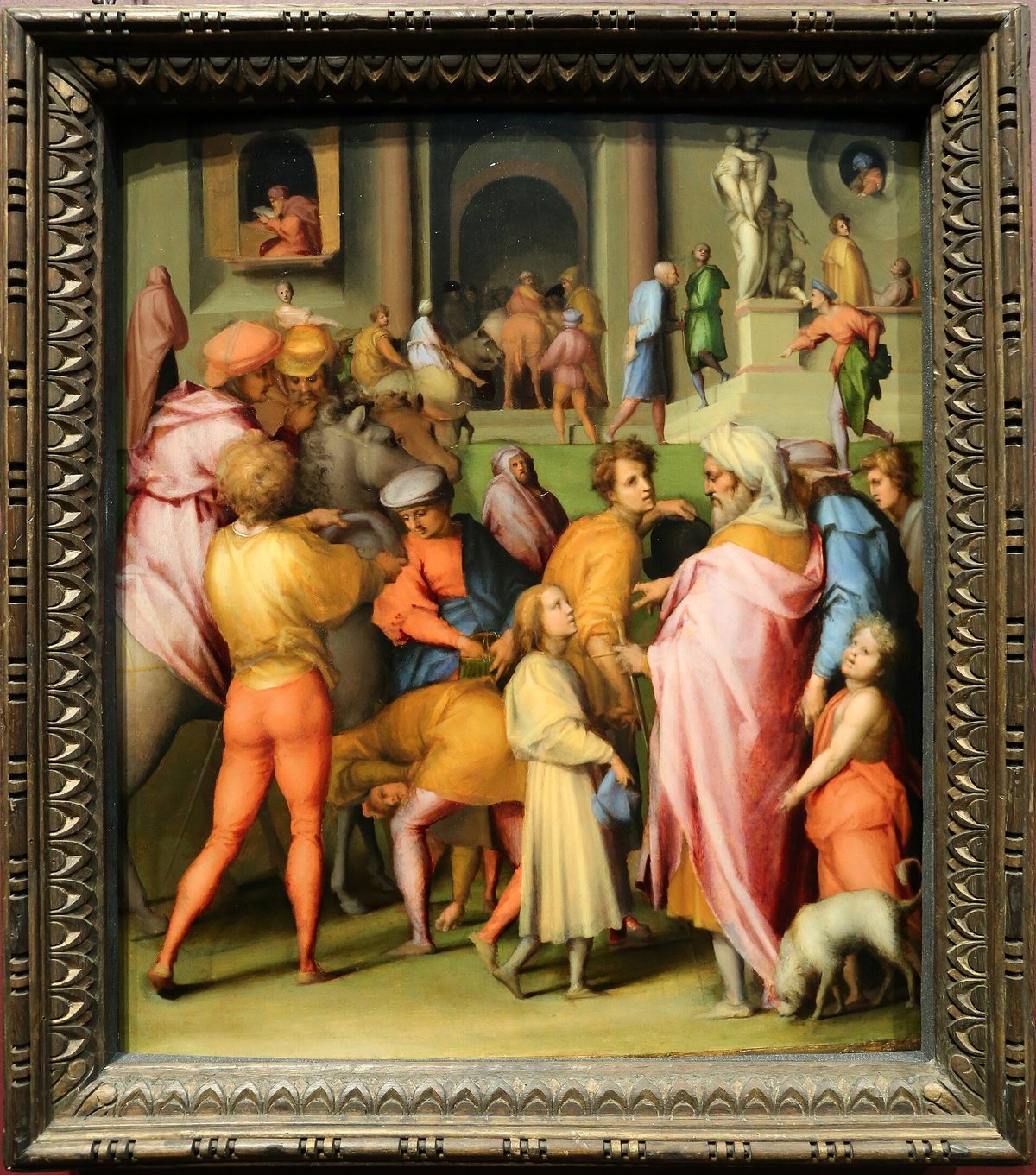 Pintura renascentista de José, ainda jovem, cercado por mercadores e pelo oficial egípcio, em uma praça diante de um palácio