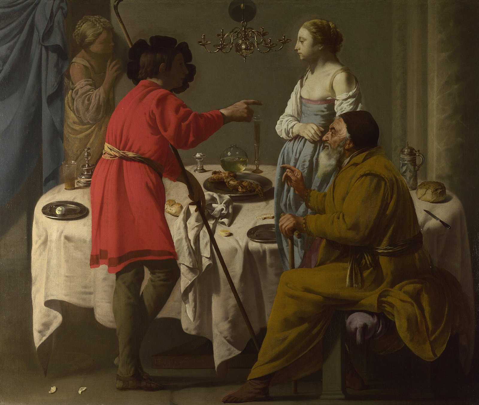 Jacó, de pé, reclama com Labão por ter sido enganado, enquanto Lia aparece ao fundo, em pintura holandesa do século XVII