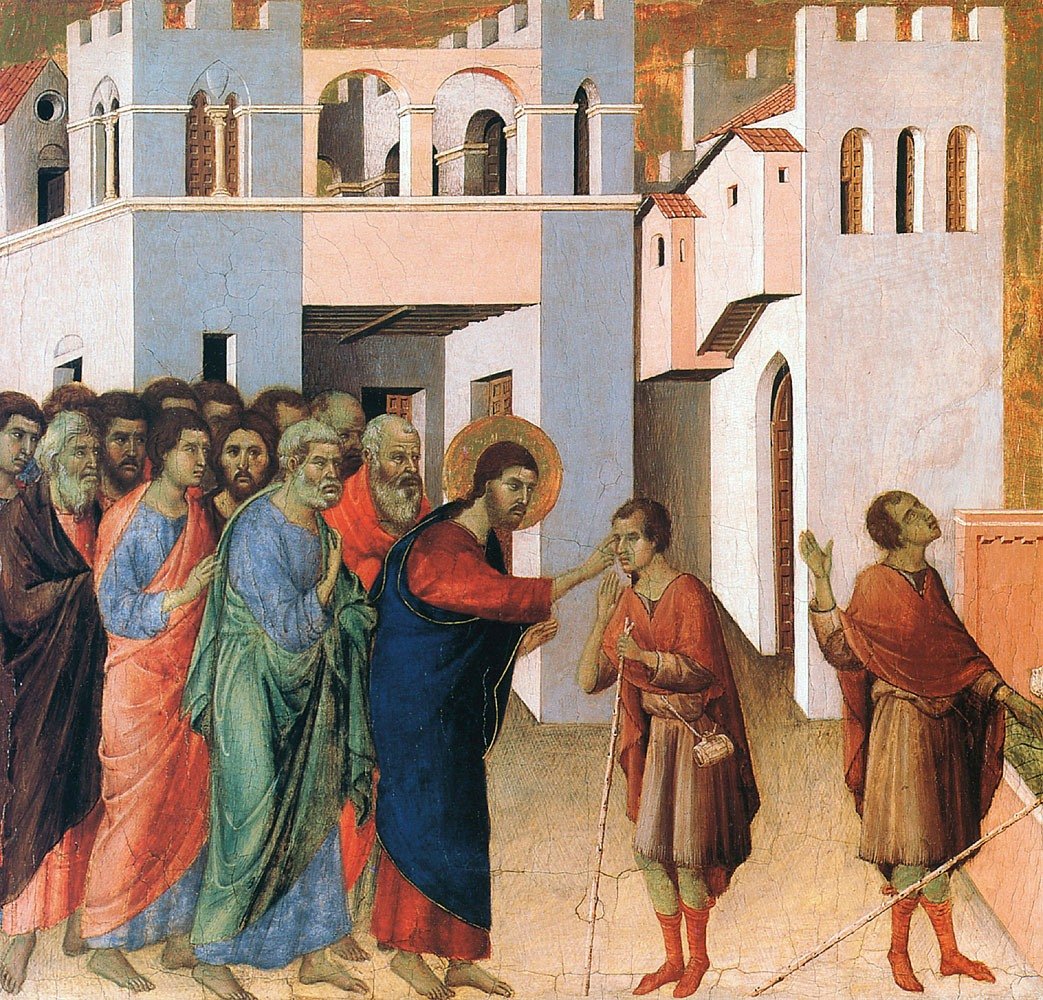 Pintura medieval de Jesus tocando os olhos de um cego diante de uma cidade, com os discípulos atrás Dele
