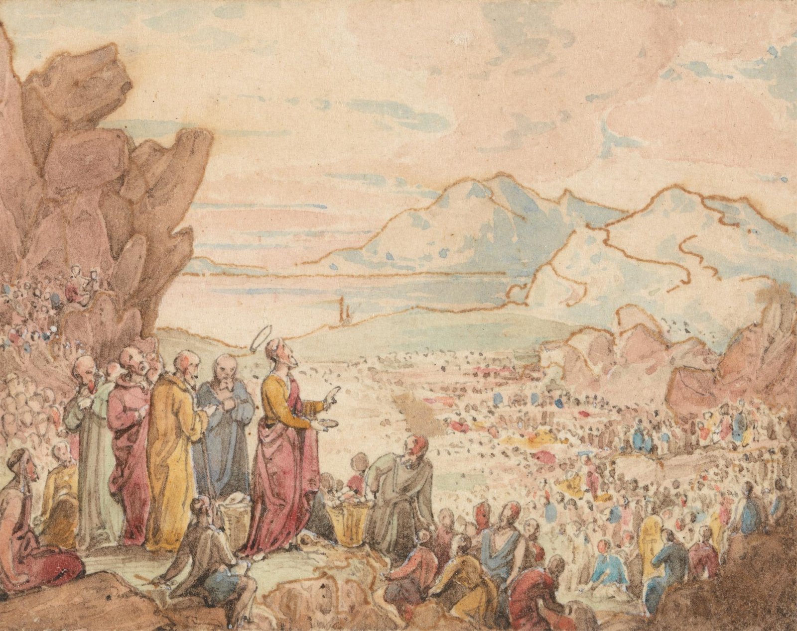 Pintura de John Martin mostrando Jesus alimentando a multidão com os cinco pães e os dois peixes