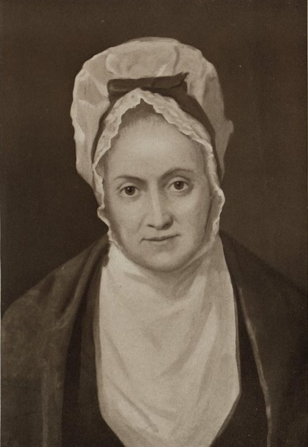 Retrato de Susanna Wesley, de touca branca e xale escuro, olhando de frente