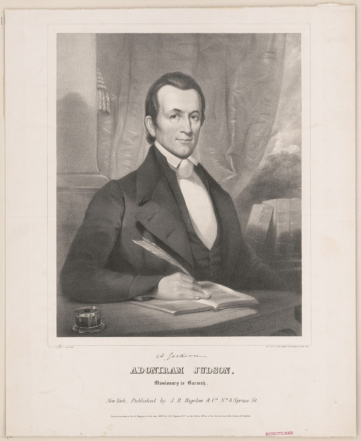 Gravura de 1846 com o retrato de Adoniram Judson, o missionário batista na Birmânia