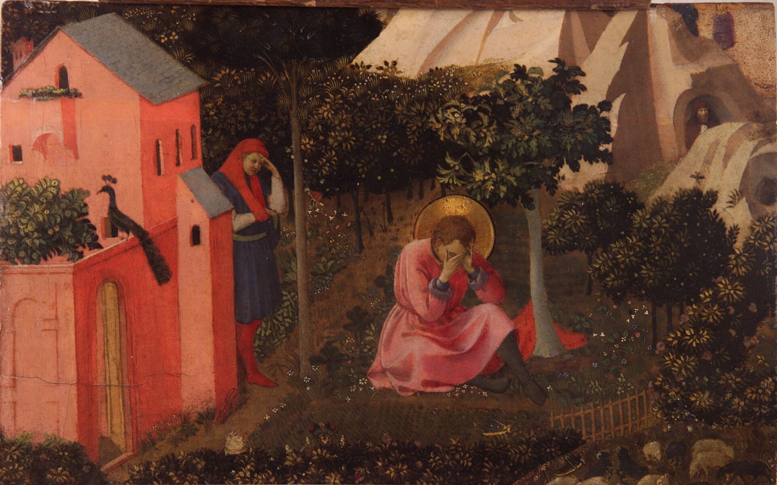 Pintura medieval de Agostinho sentado no chão de um jardim, com o rosto entre as mãos, sob uma figueira; ao fundo, Alípio o observa ao lado de uma casa rosada