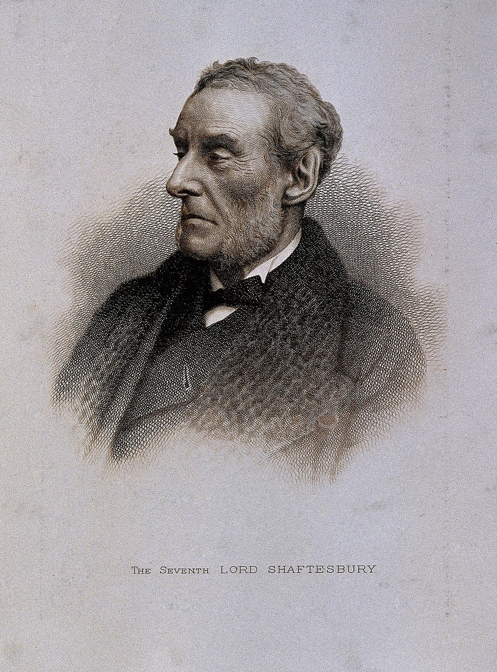 Gravura em água-forte do retrato de Anthony Ashley-Cooper, sétimo conde de Shaftesbury, de perfil, já idoso, de barba e gravata-borboleta