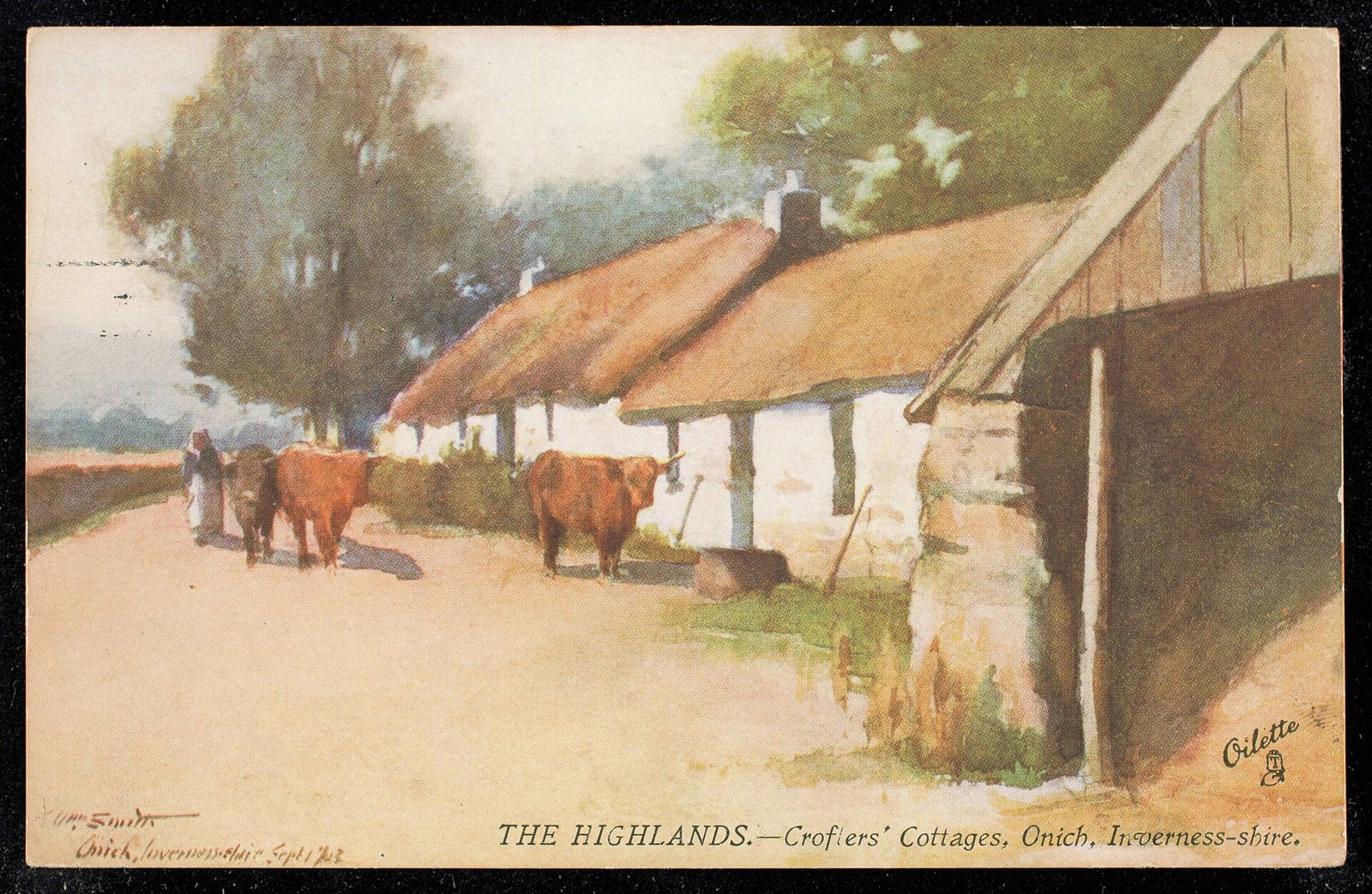 Aquarela de casas de pequenos lavradores com telhado de palha em Onich, nas Terras Altas da Escócia, com gado na estrada