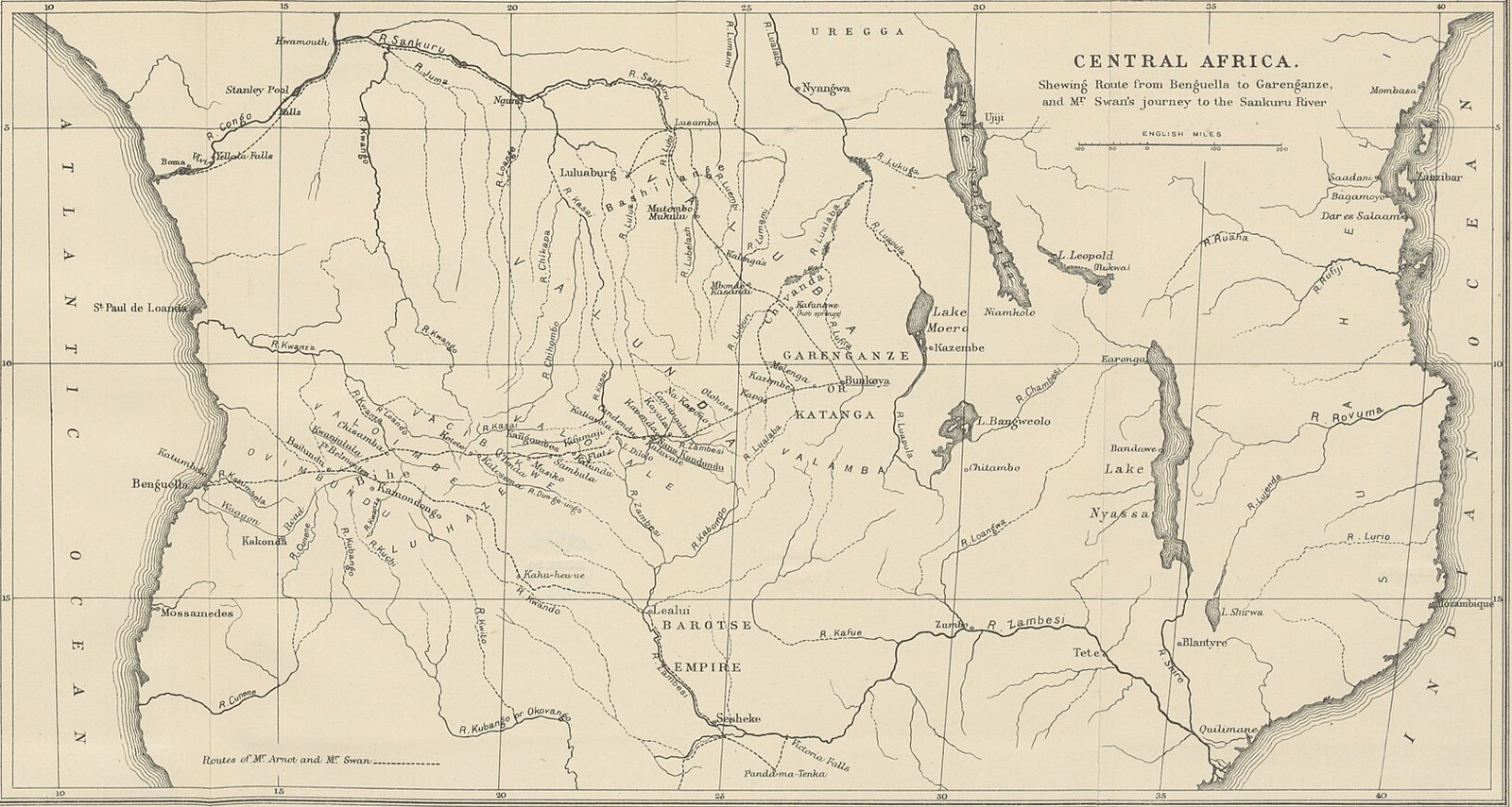 Mapa da África Central de 1893 com a rota de Arnot de Benguela, no Atlântico, até Garenganze (Catanga)