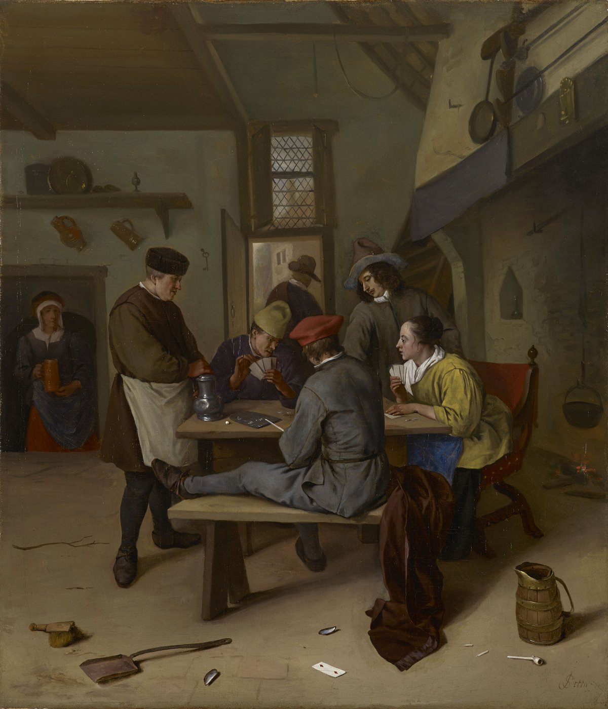 Pintura de uma taberna holandesa, com homens jogando cartas ao redor de uma mesa