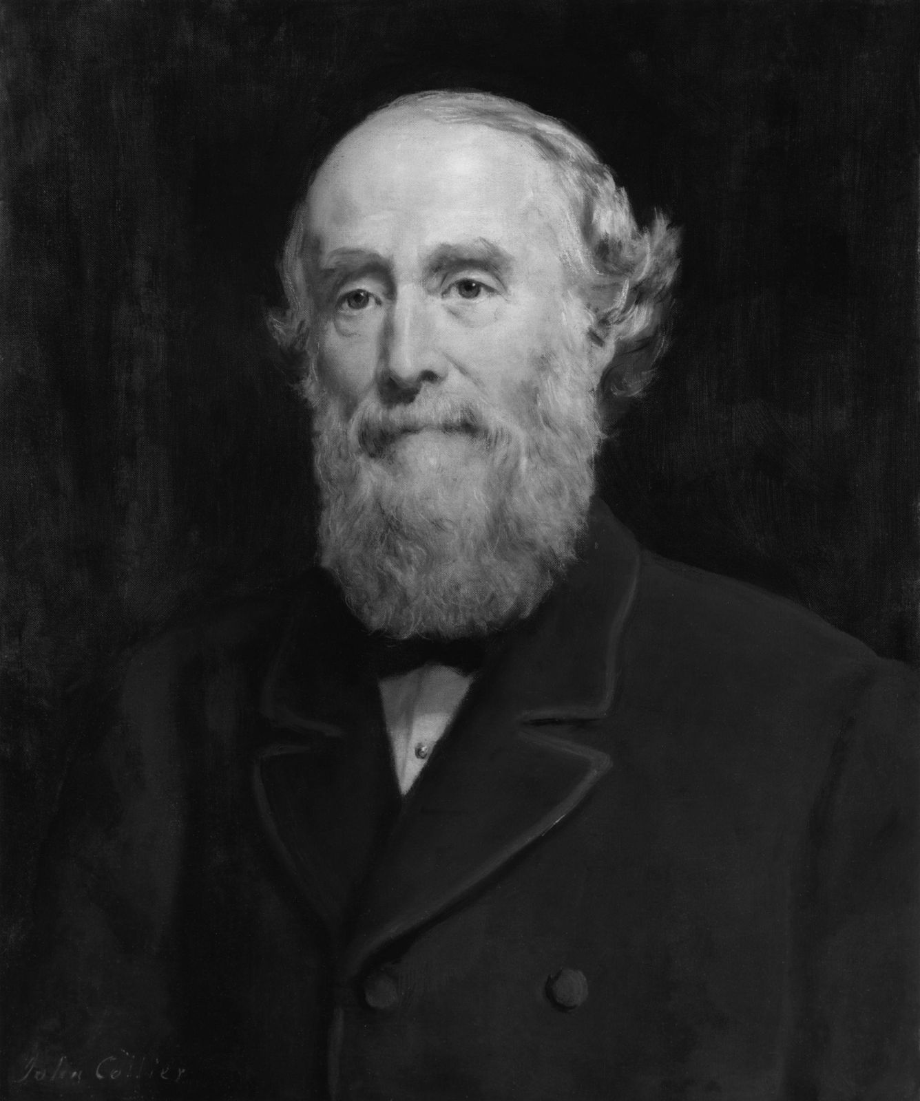 Retrato a óleo de Sir George Williams, fundador da ACM, de cabelos e barba brancos, sentado e vestido de preto