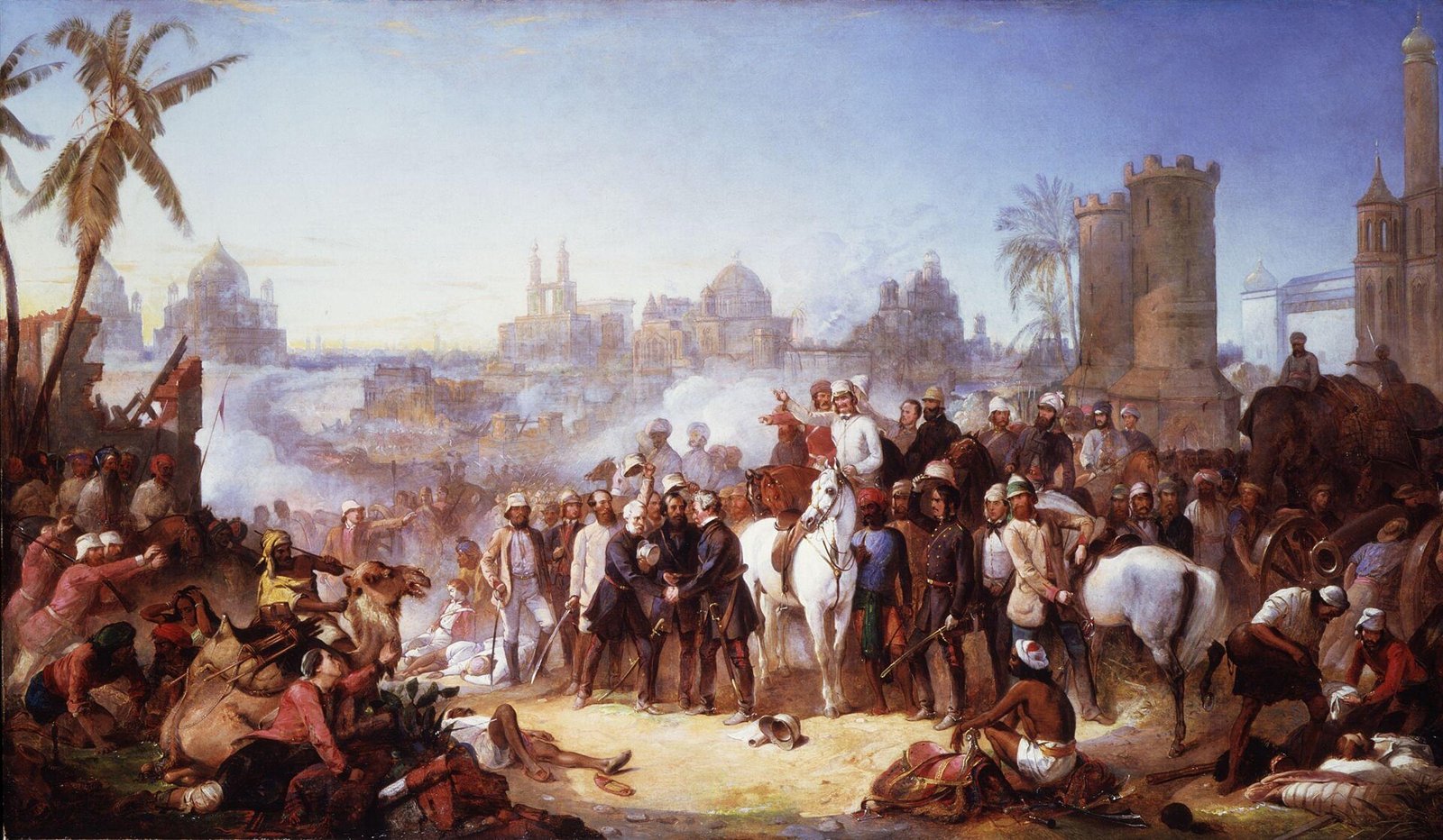 Pintura do encontro de Havelock, Outram e Campbell em Lucknow, com soldados e oficiais britânicos e indianos