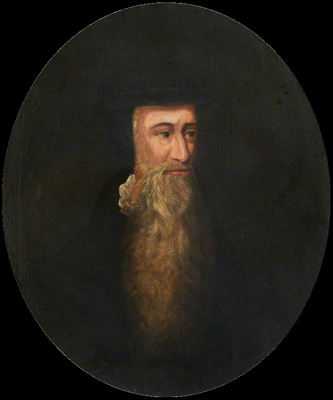 Retrato pintado de John Knox, de barba longa e touca escura, em trajes de pregador