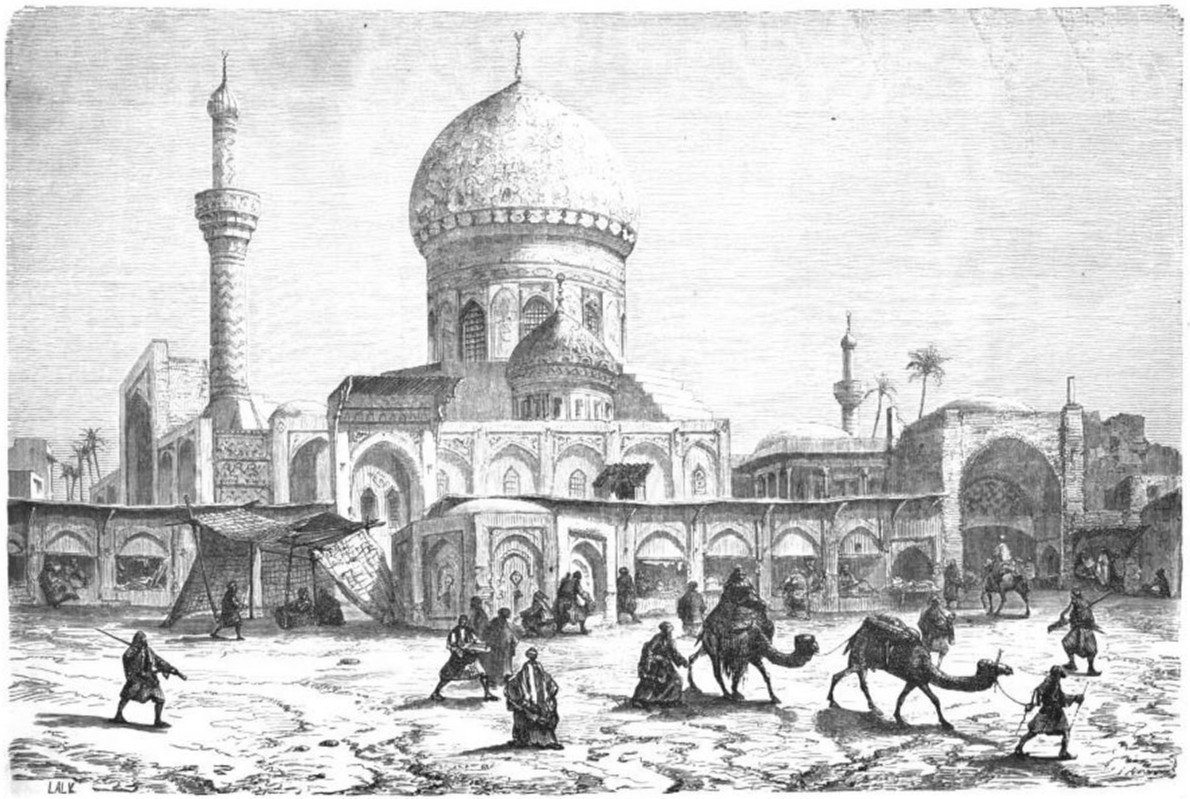 Gravura de uma praça de mercado em Bagdá, com a mesquita de Haydar-Khana ao fundo e camelos em primeiro plano